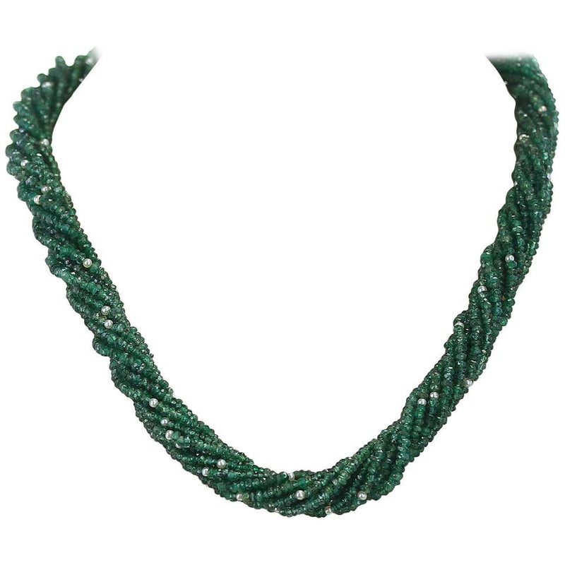 Genuine & Natural Faceted Emerald Beads with Pearls Choker Necklace, 18 Karat