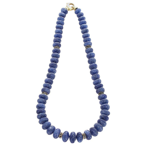 Genuine & Natural Carved Blue Sapphire Beads Necklace with Calibre Sapphire & Gold Spacers