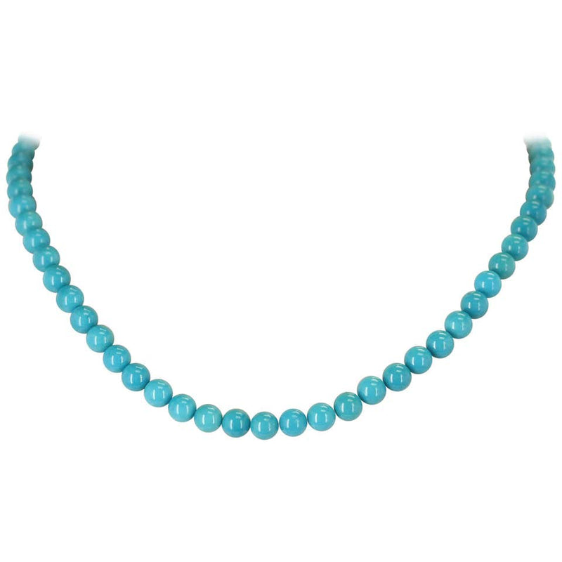 7MM Deep Blue Genuine Turquoise Beads Necklace, 14K Yellow Gold