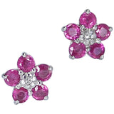 18K Genuine and Natural Ruby and Diamond Floral Earrings