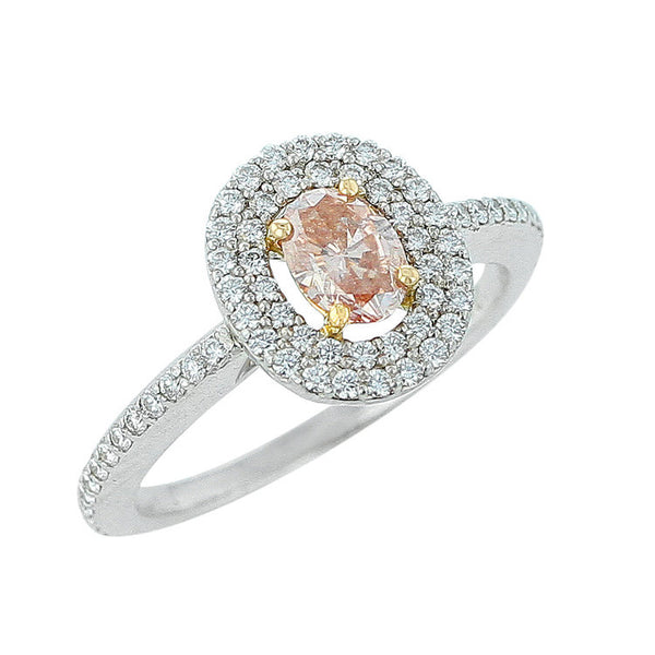 Fancy Brownish Orangy Pink Diamond Halo Ring, Platinum