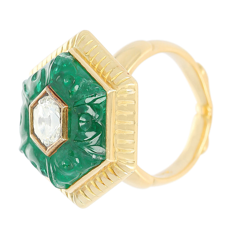 Emerald Carving Ring, Center Diamond Rose Cut, 22 Karat Yellow Gold