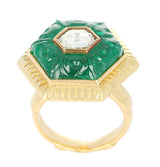 Emerald Carving Ring, Center Diamond Rose Cut, 22 Karat Yellow Gold