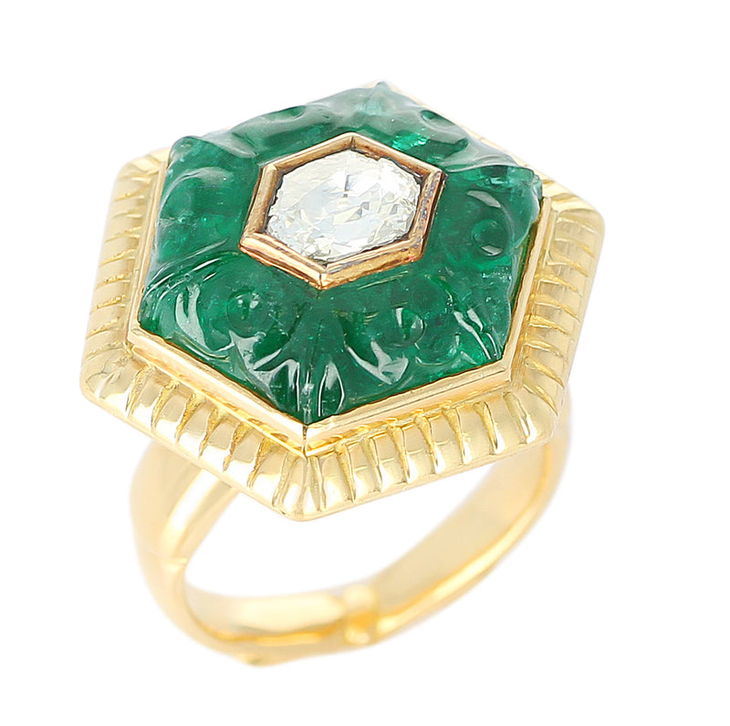 Emerald Carving Ring, Center Diamond Rose Cut, 22 Karat Yellow Gold