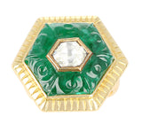 Emerald Carving Ring, Center Diamond Rose Cut, 22 Karat Yellow Gold