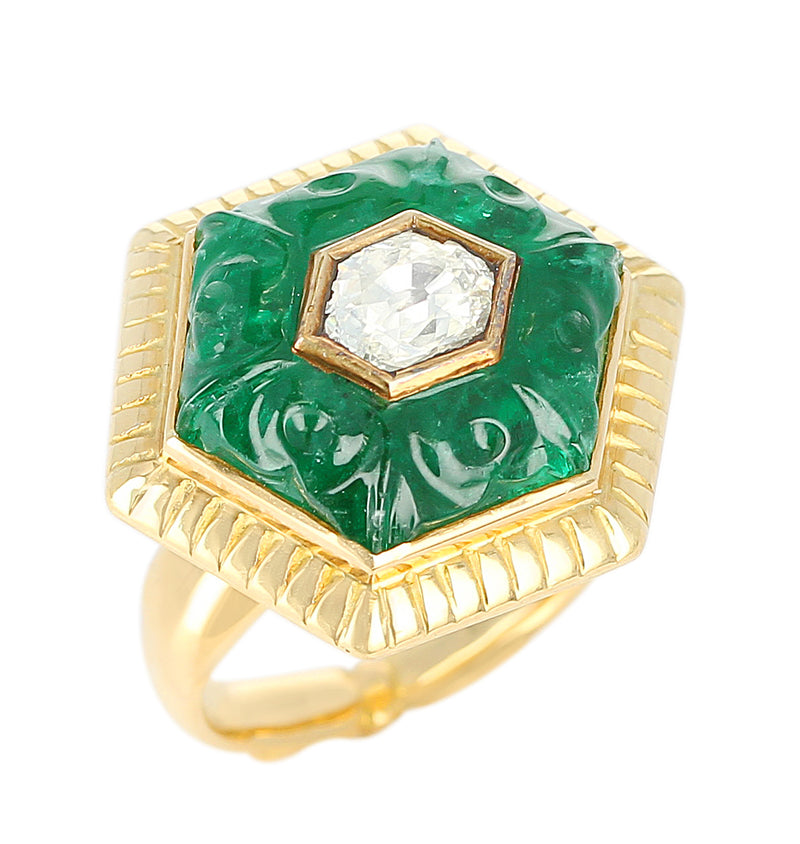 Emerald Carving Ring, Center Diamond Rose Cut, 22 Karat Yellow Gold
