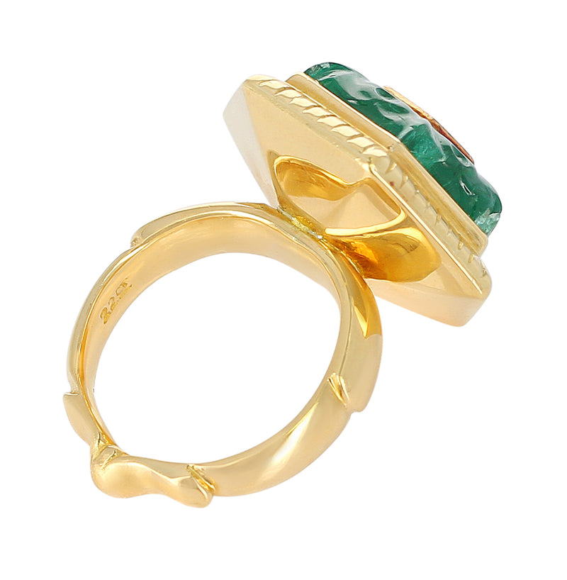 Emerald Carving Ring, Center Diamond Rose Cut, 22 Karat Yellow Gold