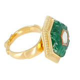 Emerald Carving Ring, Center Diamond Rose Cut, 22 Karat Yellow Gold