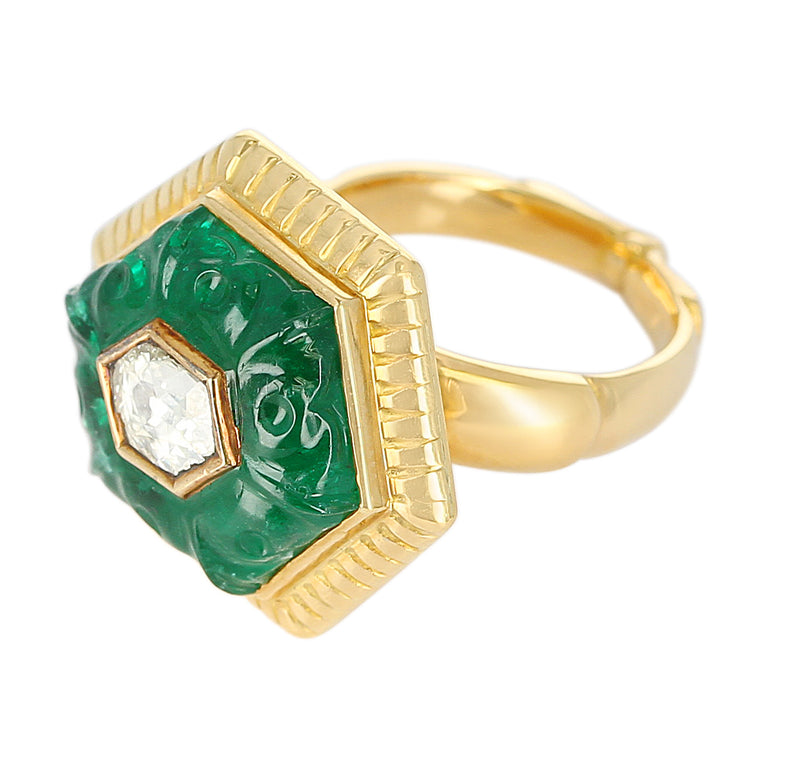 Emerald Carving Ring, Center Diamond Rose Cut, 22 Karat Yellow Gold