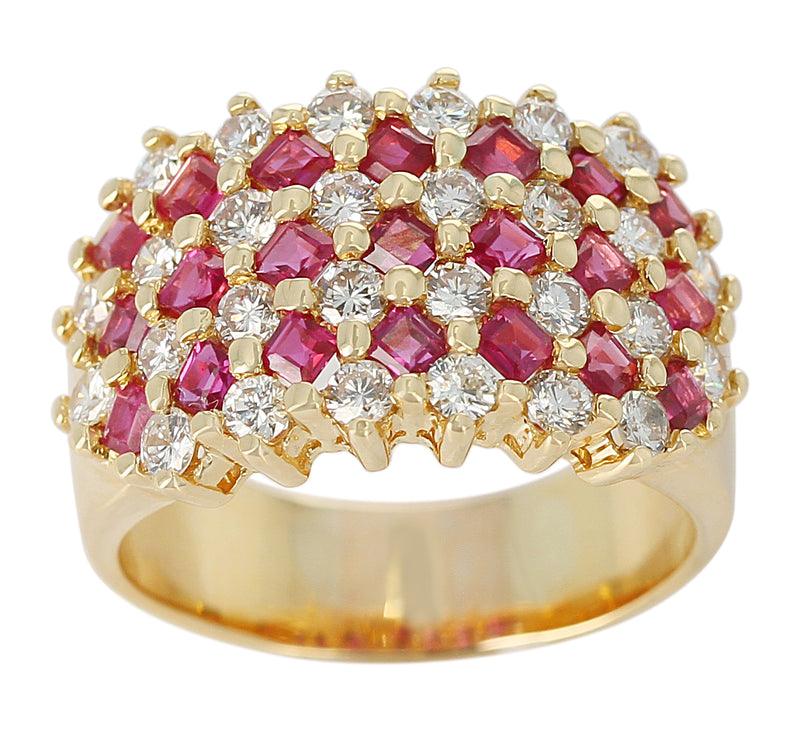 Seven Row-Patterned Ruby and Diamond Ring, 18 Karat Yellow Gold