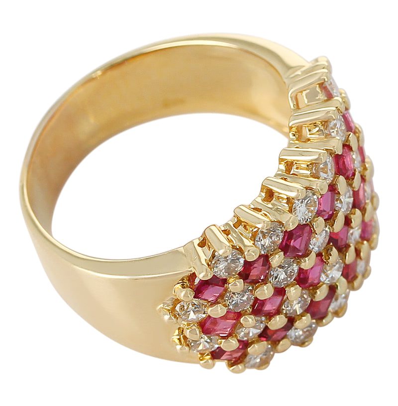 Seven Row-Patterned Ruby and Diamond Ring, 18 Karat Yellow Gold