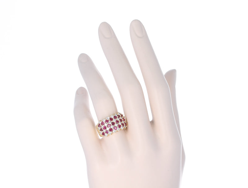 Seven Row-Patterned Ruby and Diamond Ring, 18 Karat Yellow Gold