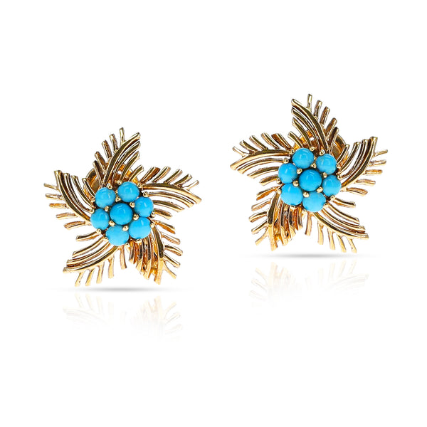 Turquoise Cabochon Star Earrings, 14k