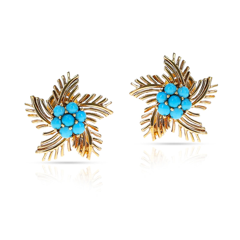 Turquoise Cabochon Star Earrings, 14k