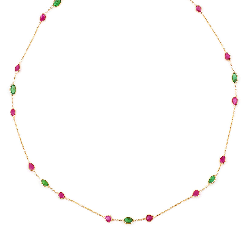 Oval and Pear Emerald, Ruby, 18k Yellow Gold Necklace