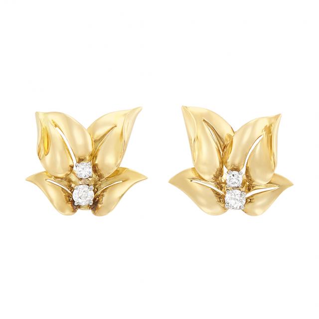 French Gold and Diamond Leaf Earrings