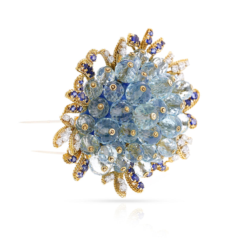Fred Paris Aquamarine, Sapphire and Diamond Brooch, 18k