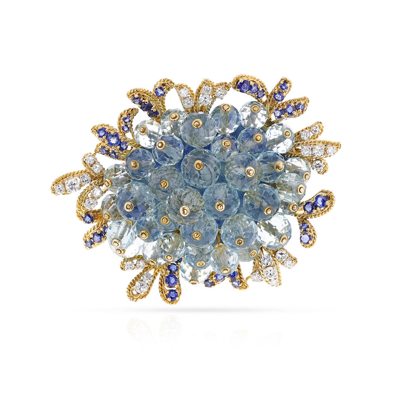 Fred Paris Aquamarine, Sapphire and Diamond Brooch, 18k