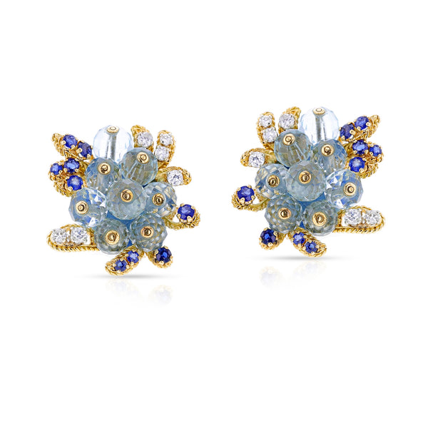 Fred Paris Aquamarine, Sapphire and Diamond Earrings, 18k