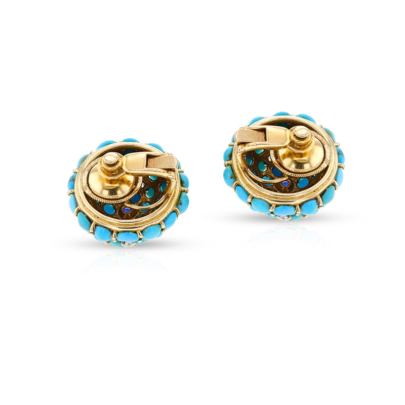 Round Turquoise, Sapphire and Diamond Earrings, 18k Yellow