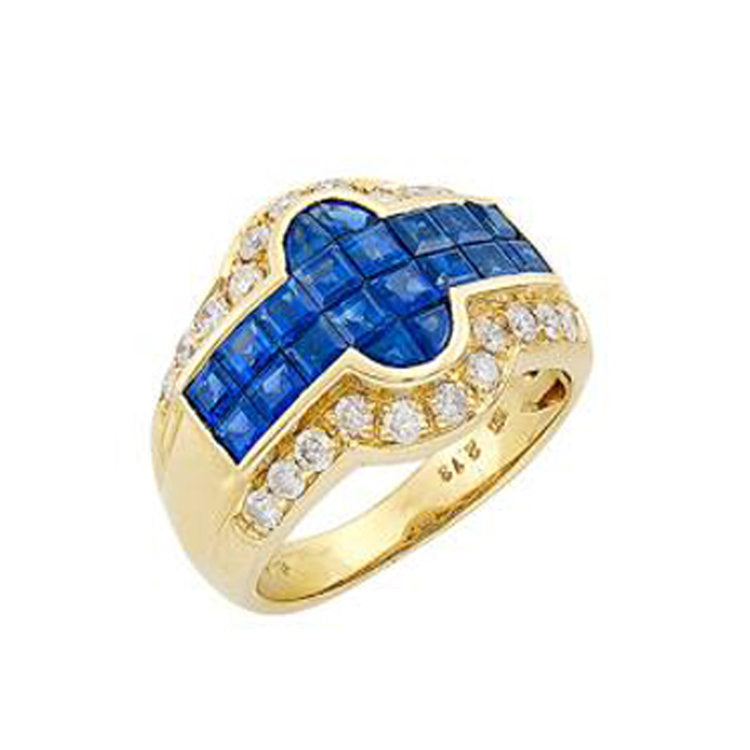 Calibré Cut Sapphire and Diamond Ring, 18K Yellow Gold