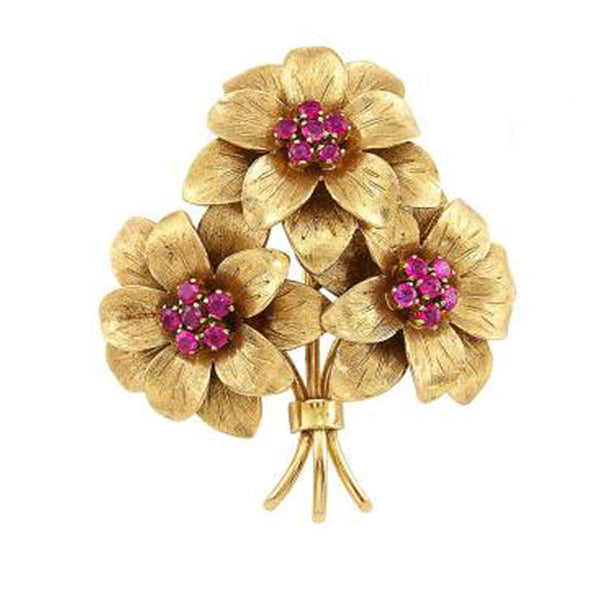 Tiffany & Co. Ruby and Gold Floral Bouquet Brooch