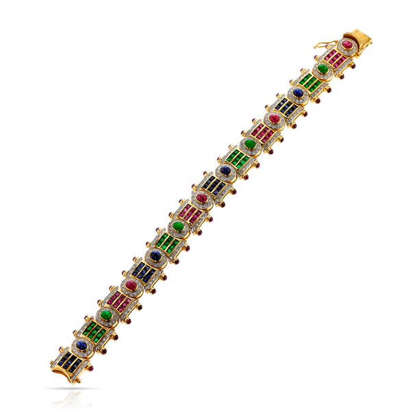 Ruby, Emerald, Sapphire, Diamond, Mixed Cut and Cabochon Bracelet, 18k