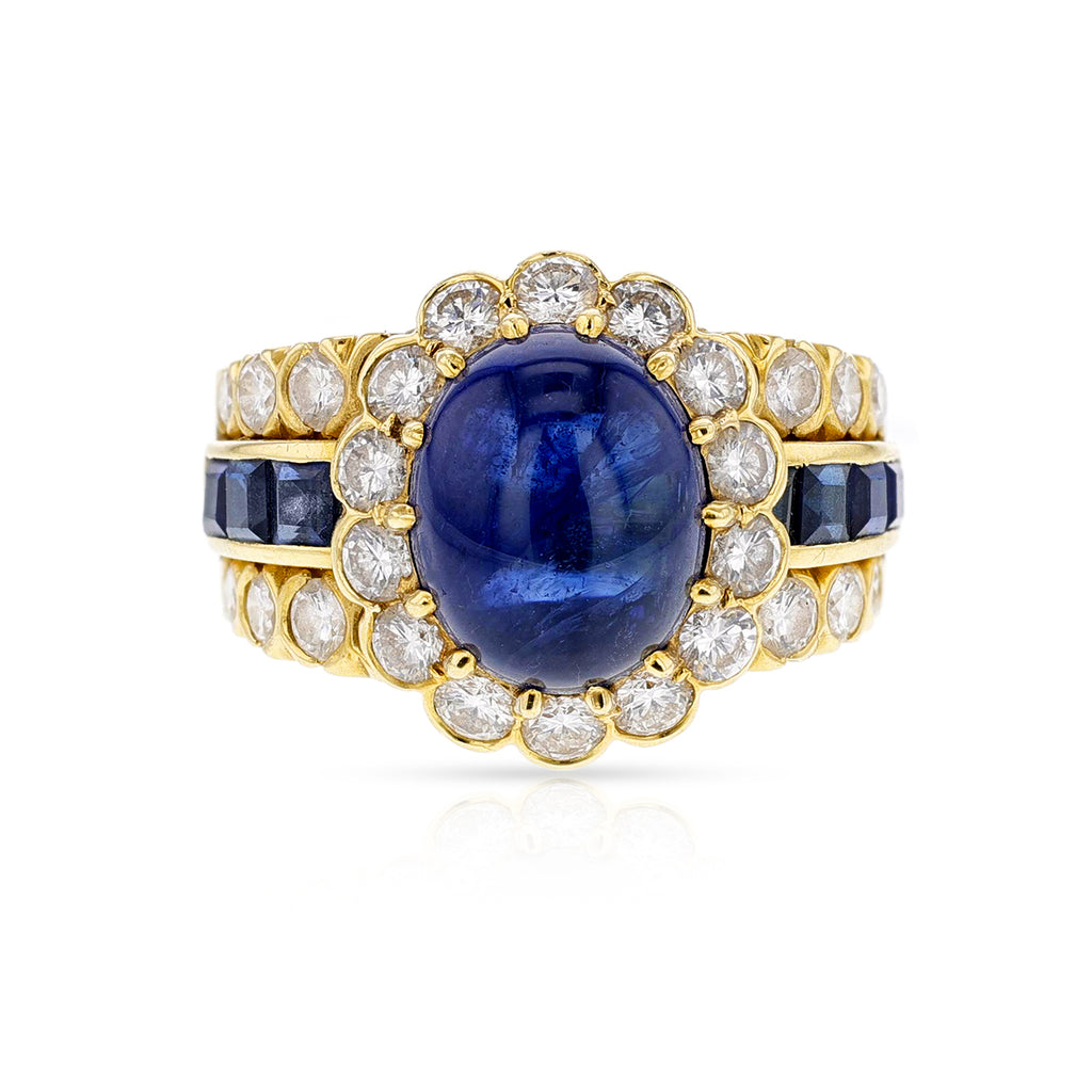 Antique Edwardian 16ct Cabochon Sapphire and Diamond Cluster Ring