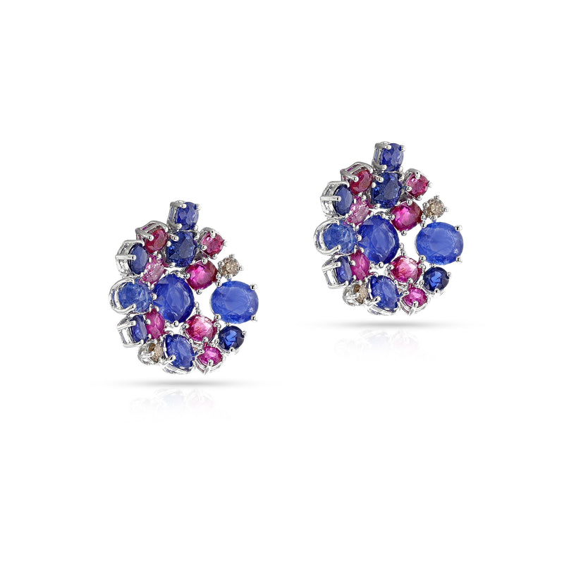 Circular Sapphire, Ruby and Diamond Earrings, 18k White