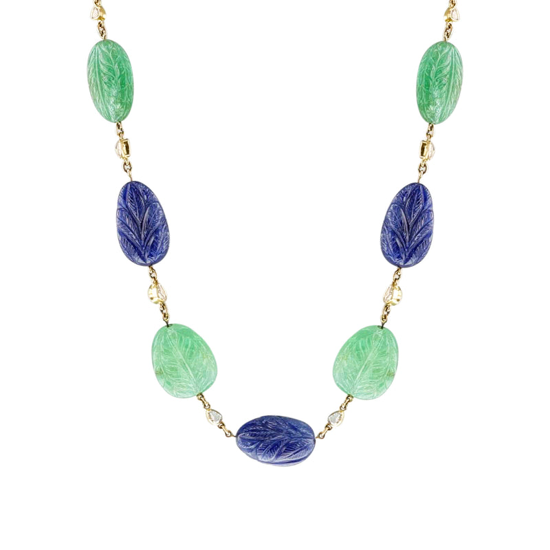 Carved Emerald and Sapphire with Diamond Necklace, 18k Yellow