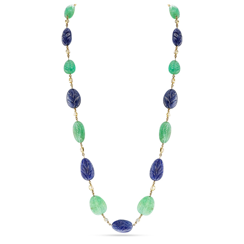 Carved Emerald and Sapphire with Diamond Necklace, 18k Yellow