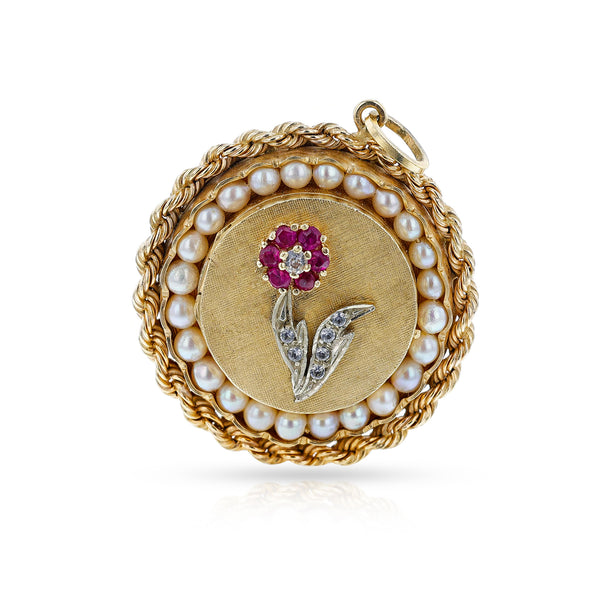 Ruby, Cultured Pearl, Diamond Pendant and Locket, 14k Yellow