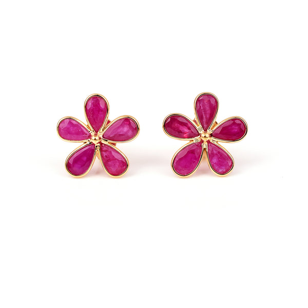 Pear Ruby Floral Earrings, 18k Yellow Gold