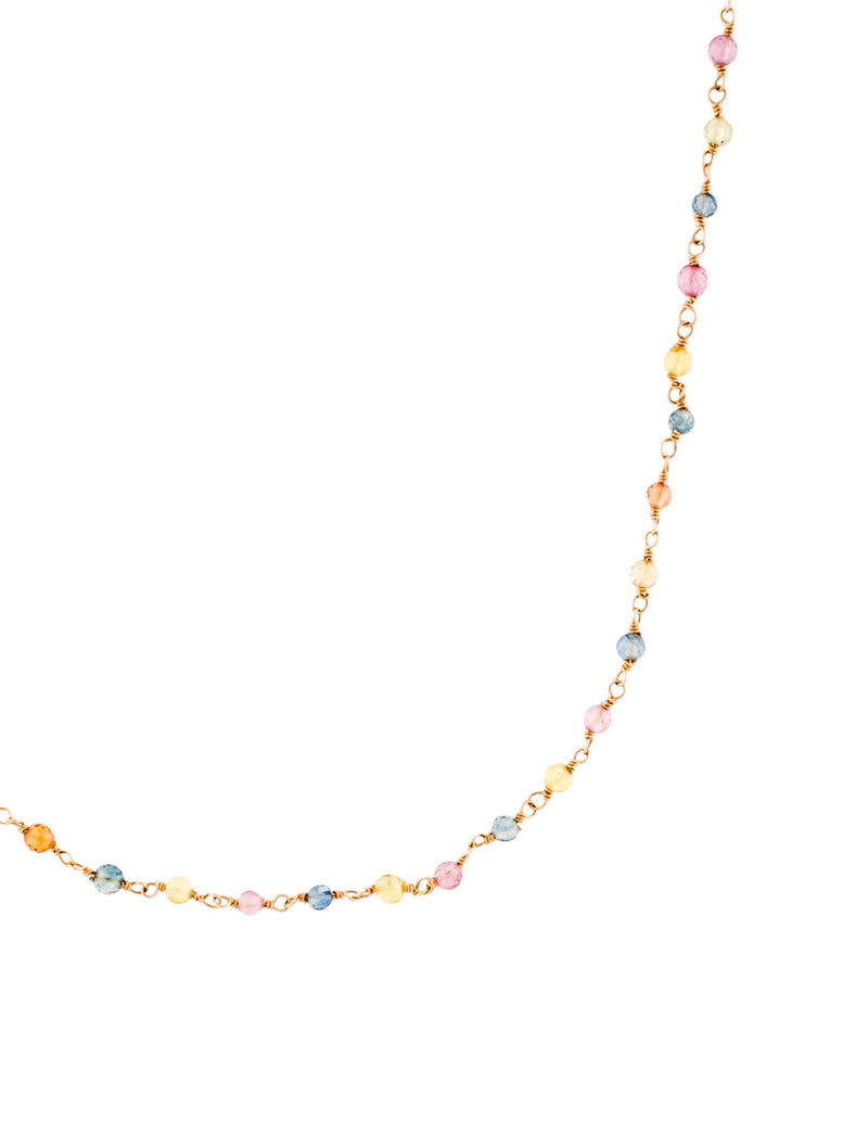 Multi-Colored Sapphire Round Beads Wire Wrap Necklace, Yellow Gold