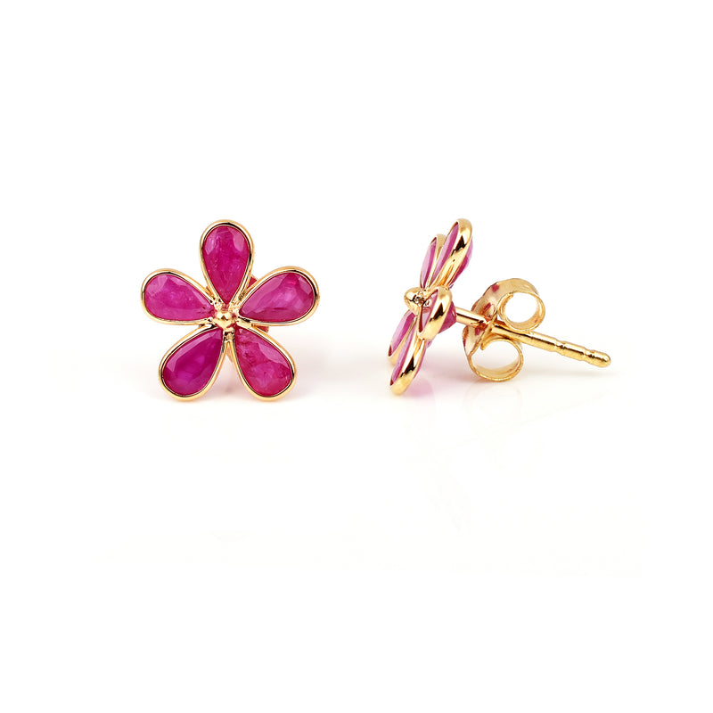 Pear Ruby Floral Earrings, 18k Yellow Gold