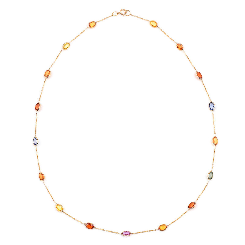Oval Pastel Multi-Sapphire Bezel-Set Necklace, 18k Yellow Gold