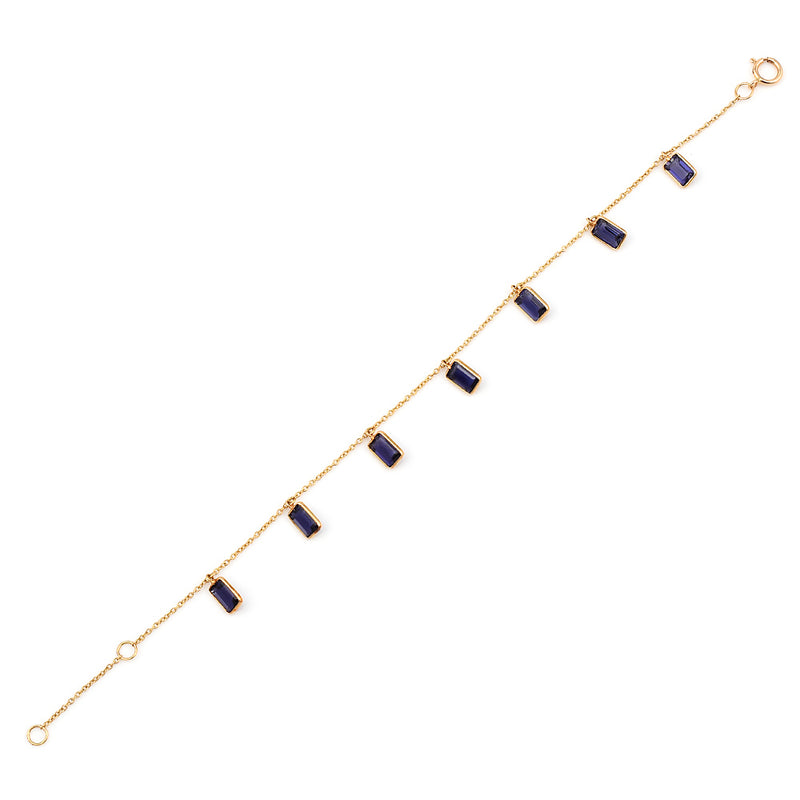 Violet Iolite Rectangular Dangling Stone Bezel-Set Bracelet, 18K Yellow Gold