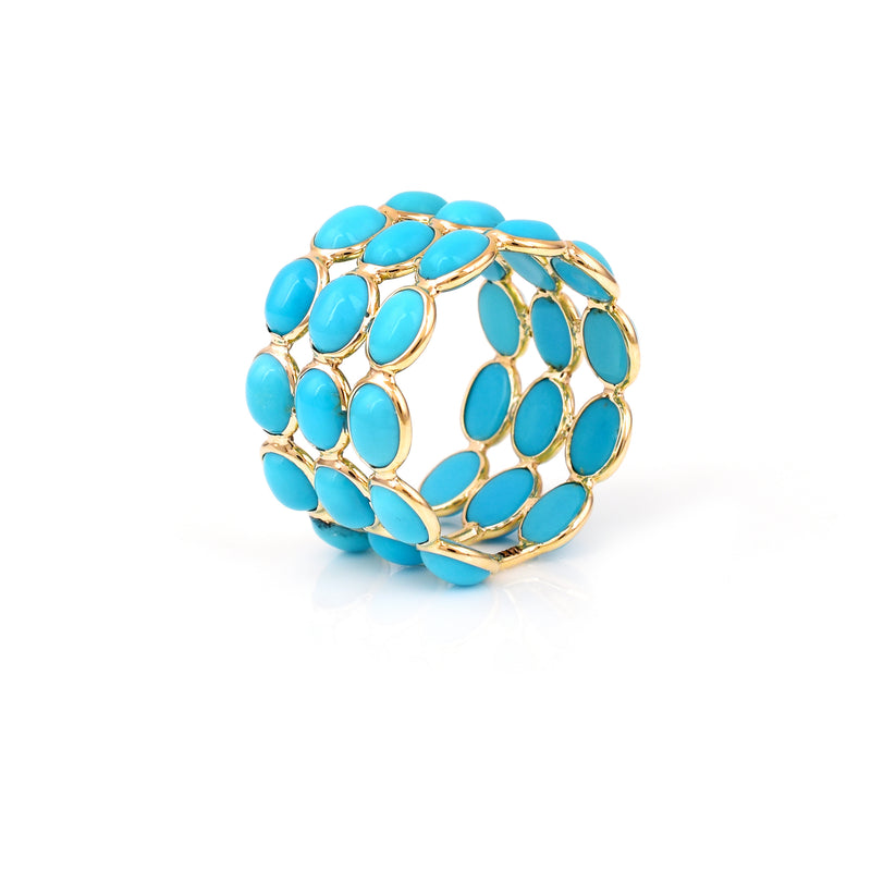 Turquoise Oval Cabochon Triple Line Band, Yellow Gold