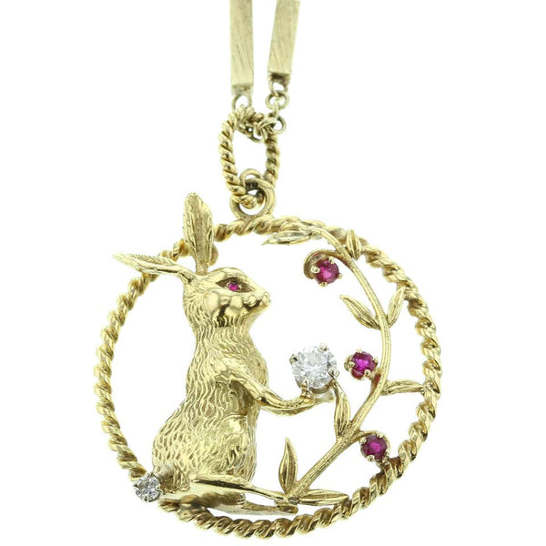 Diamond and Ruby Bunny Pendant and Neck Chain, 18 Karat Yellow Gold