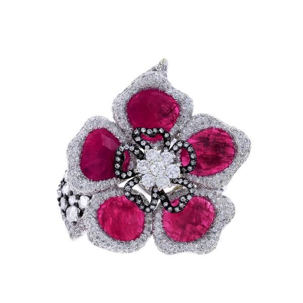 Ruby Petals and Diamond Floral Ring