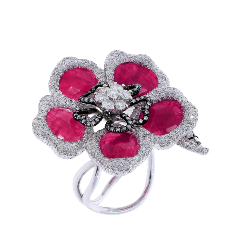 Ruby Petals and Diamond Floral Ring