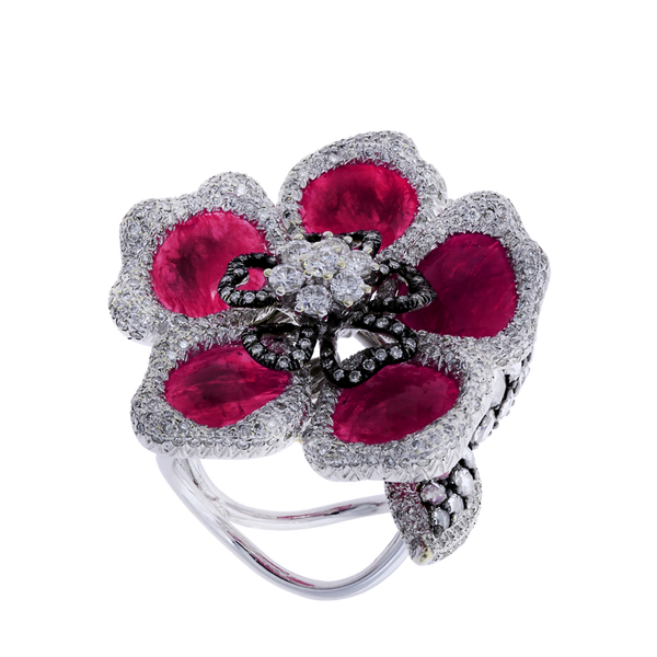 Ruby Petals and Diamond Floral Ring