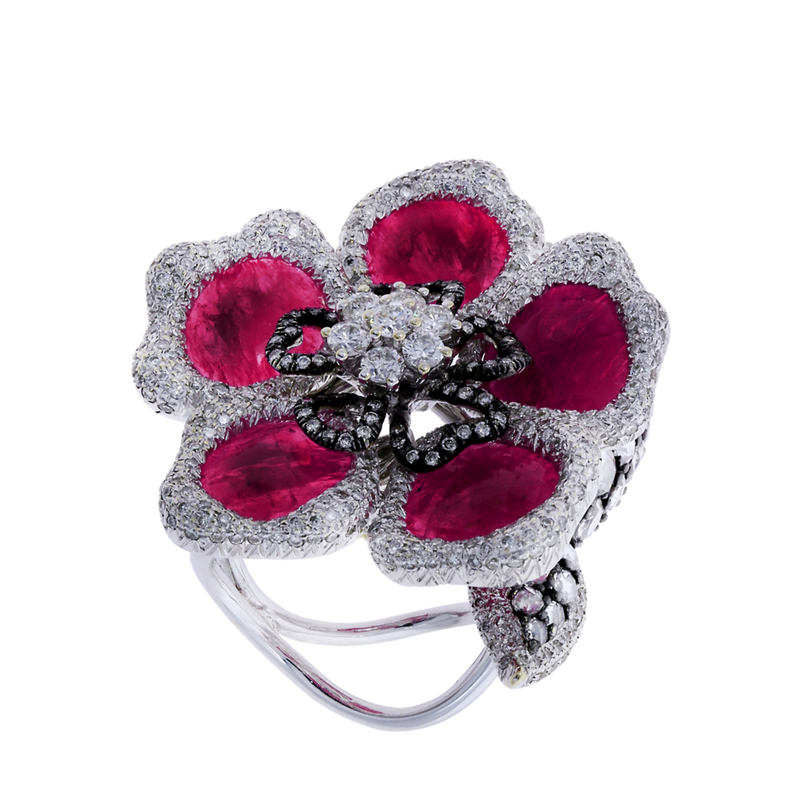 Ruby Petals and Diamond Floral Ring