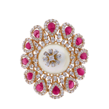 Ruby and Pearl Blooming Flower Ring with Diamonds