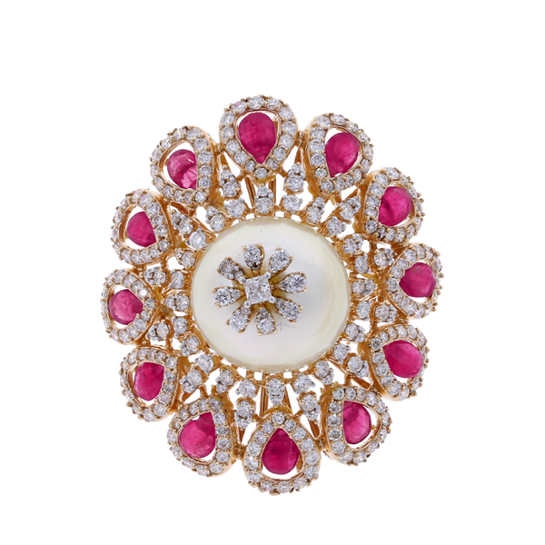 Ruby and Pearl Blooming Flower Ring with Diamonds