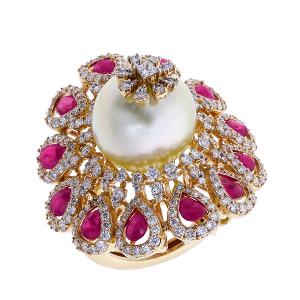 Ruby and Pearl Blooming Flower Ring with Diamonds