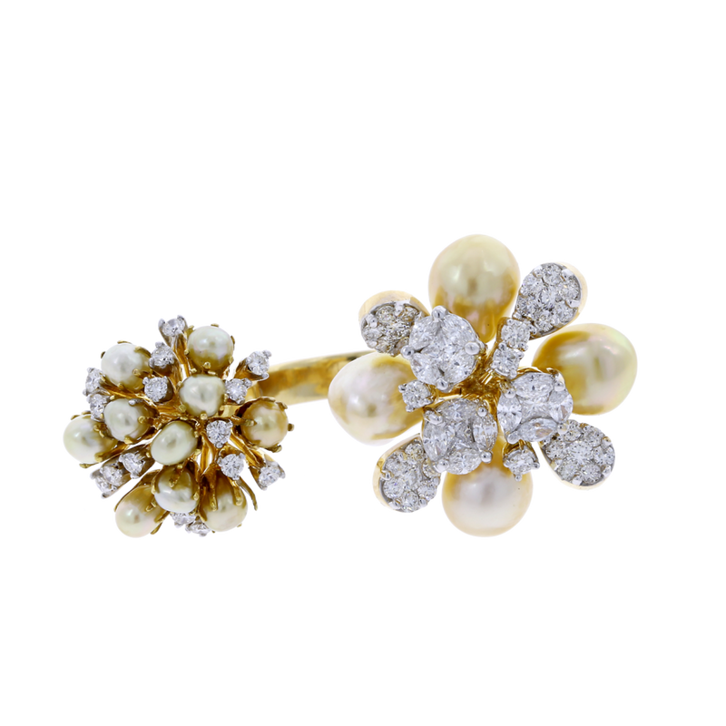 Pearl Clusters Open Ring with Mixed Cut Diamonds, 18K Gold