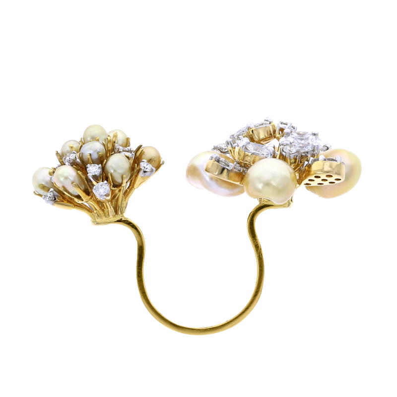 Pearl Clusters Open Ring with Mixed Cut Diamonds, 18K Gold