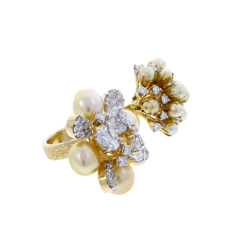 Pearl Clusters Open Ring with Mixed Cut Diamonds, 18K Gold