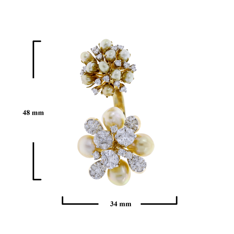 Pearl Clusters Open Ring with Mixed Cut Diamonds, 18K Gold